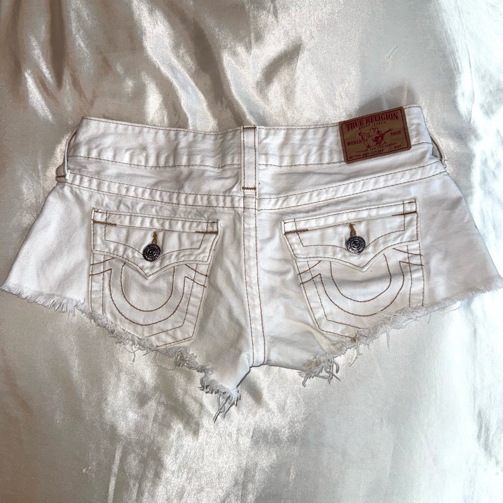 True Religion White Jean Shorts with Distressed Hem